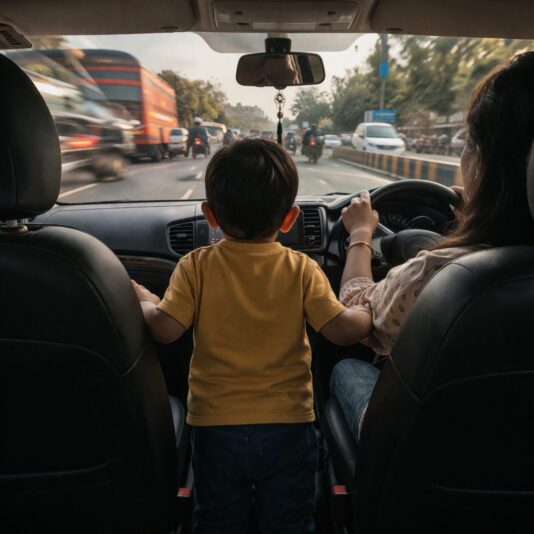Unrestrained child standing between front seats in a moving car.
